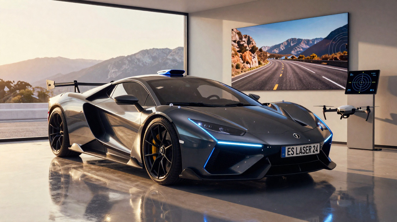 Sleek grey sports car with glowing headlights showcased indoors next to drone and screens displaying a mountain road.