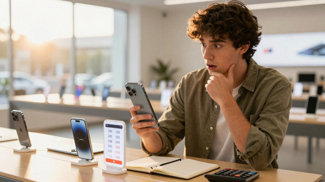 Young man looking surprised while checking his smartphone in a tech store with smartphones on display.