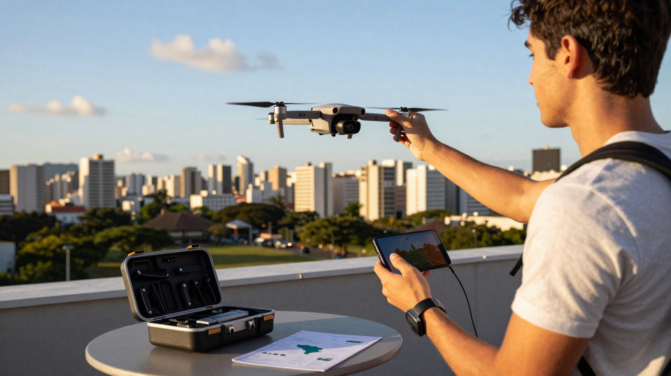 Person launching a drone from a rooftop with a city skyline and controller in hand during sunset.