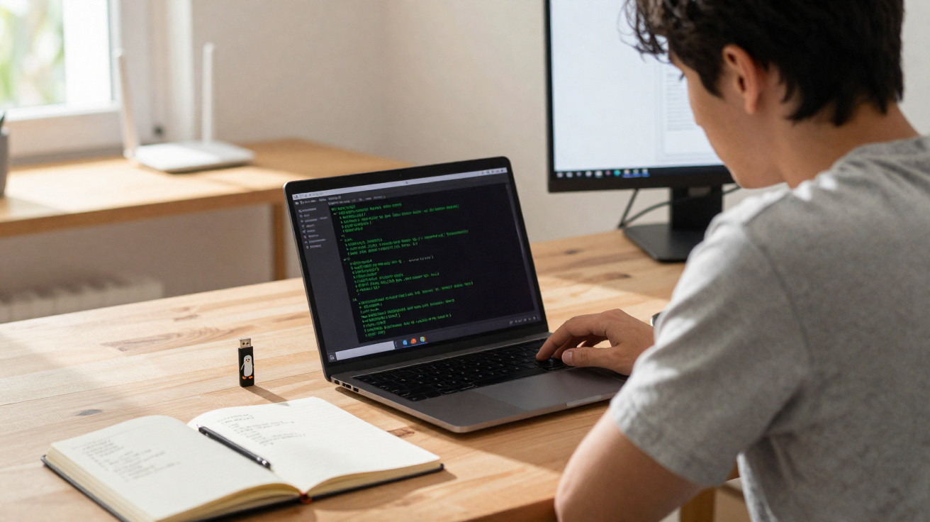 Person coding on a laptop at a wooden desk with an open notebook, pen, and USB drive nearby.