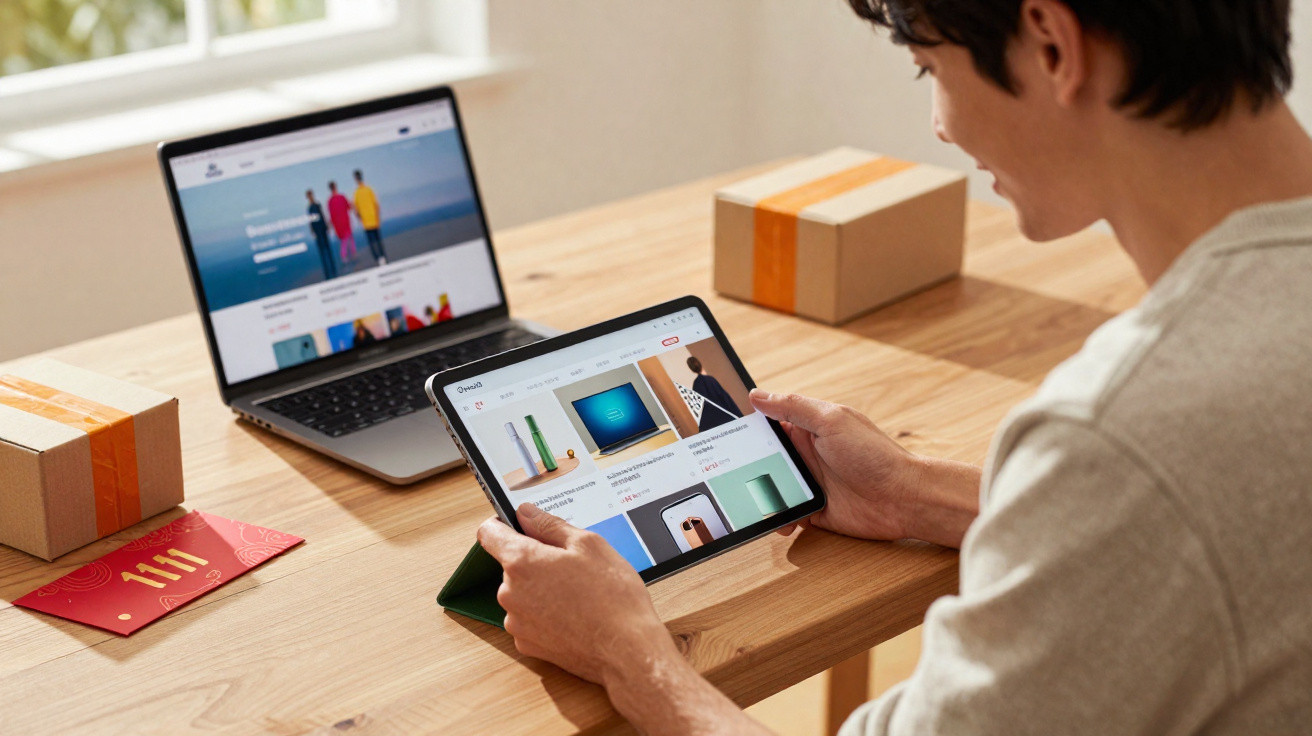 Person shopping online using a tablet with a laptop and two parcels on a wooden table.