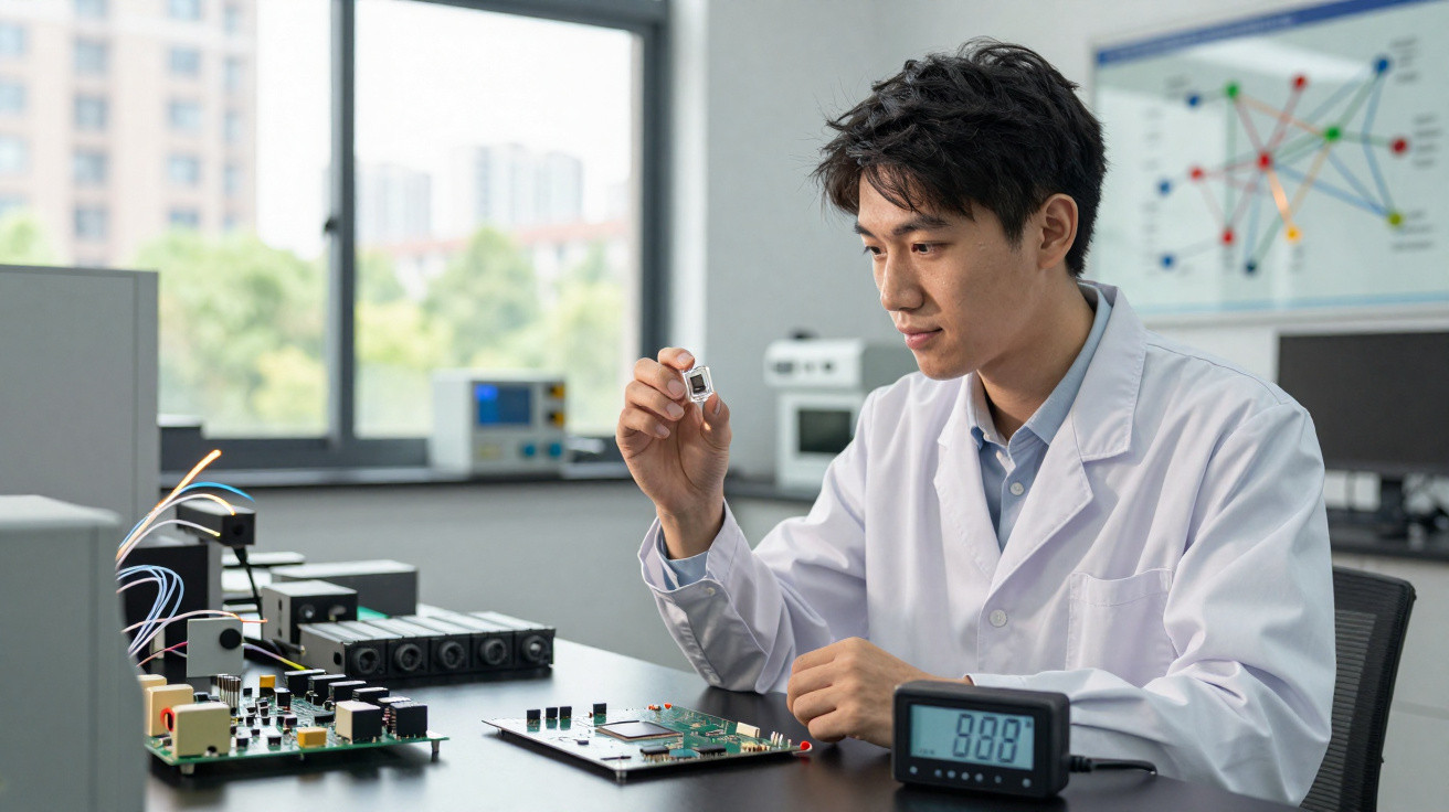 Scientist in a lab coat examining a microchip with electronic circuit boards and measuring devices on the desk.