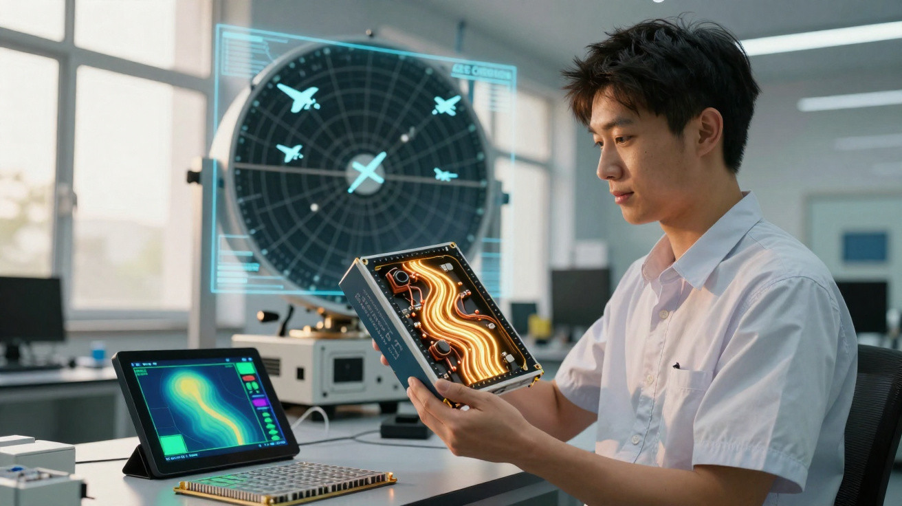 Young man analysing electronic circuit board with radar screen and tablet showing heatmap in modern lab.