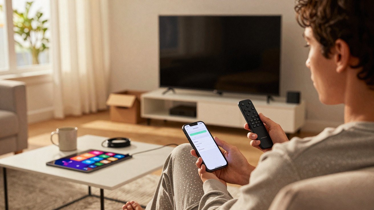 Person sitting on a sofa holding a TV remote and smartphone in a modern living room with a TV and coffee table.