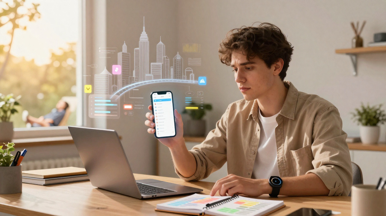Young man working at desk with smartphone, laptop, and colourful planner in modern home office.