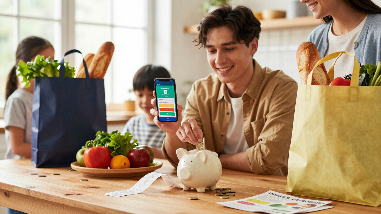 Family saving money with groceries and budgeting app, putting coins in piggy bank at kitchen table.