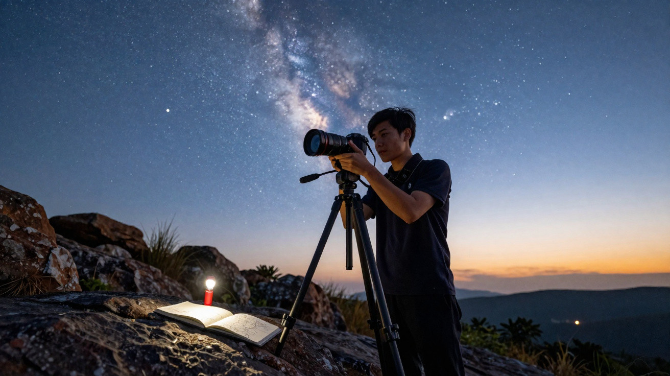 Person adjusting a camera on a tripod under a starry sky with an open notebook and lamp on rocks nearby.