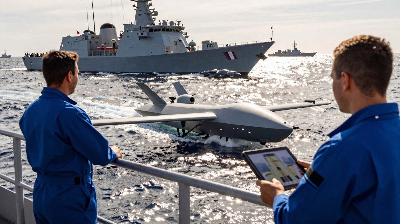 Two naval personnel in blue uniforms operate a drone aircraft launching from a ship, with a naval vessel in the background.