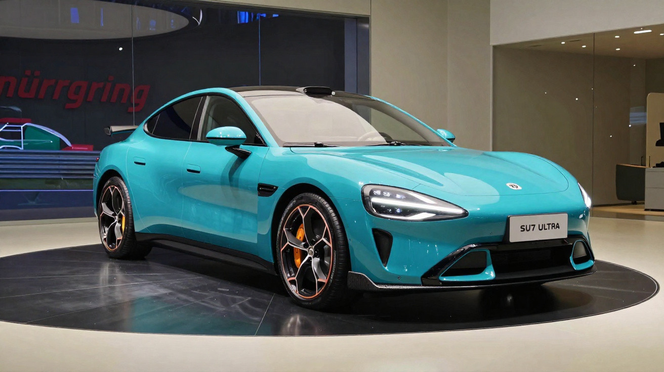 Blue electric sports car on display indoors with modern design and sleek headlights.
