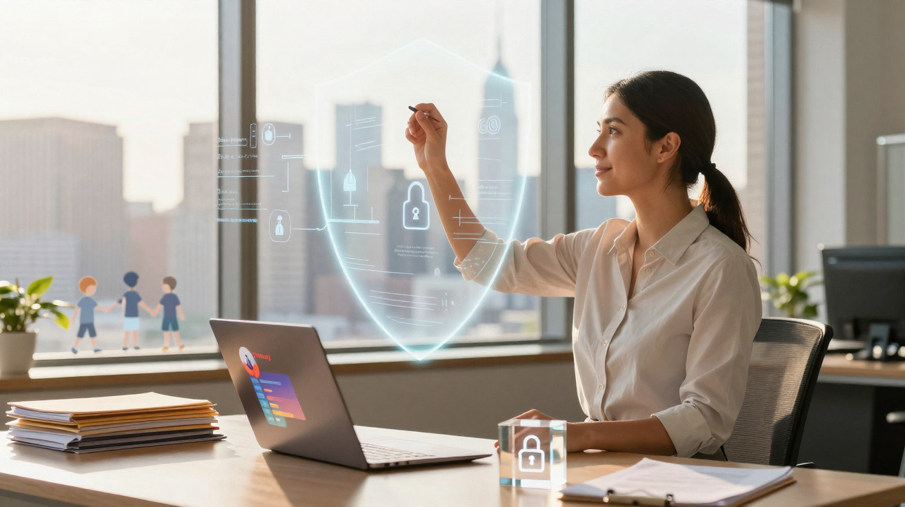 Businesswoman in office interacting with digital cybersecurity shield hologram by laptop at desk
