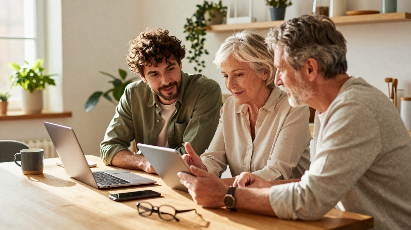 Three adults, two men and one woman, sitting at a table using a tablet and laptop in a bright room.