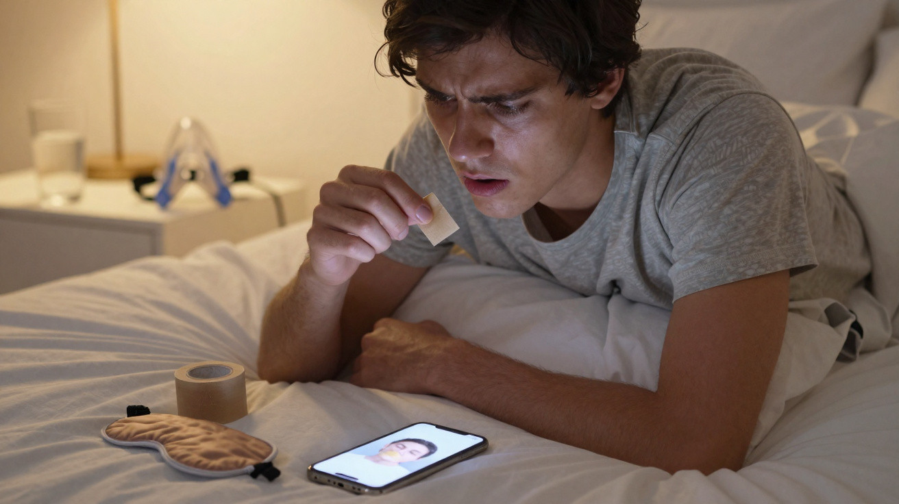 Young man lying on bed with adhesive bandages and phone showing a face, looking concerned in dimly lit room.