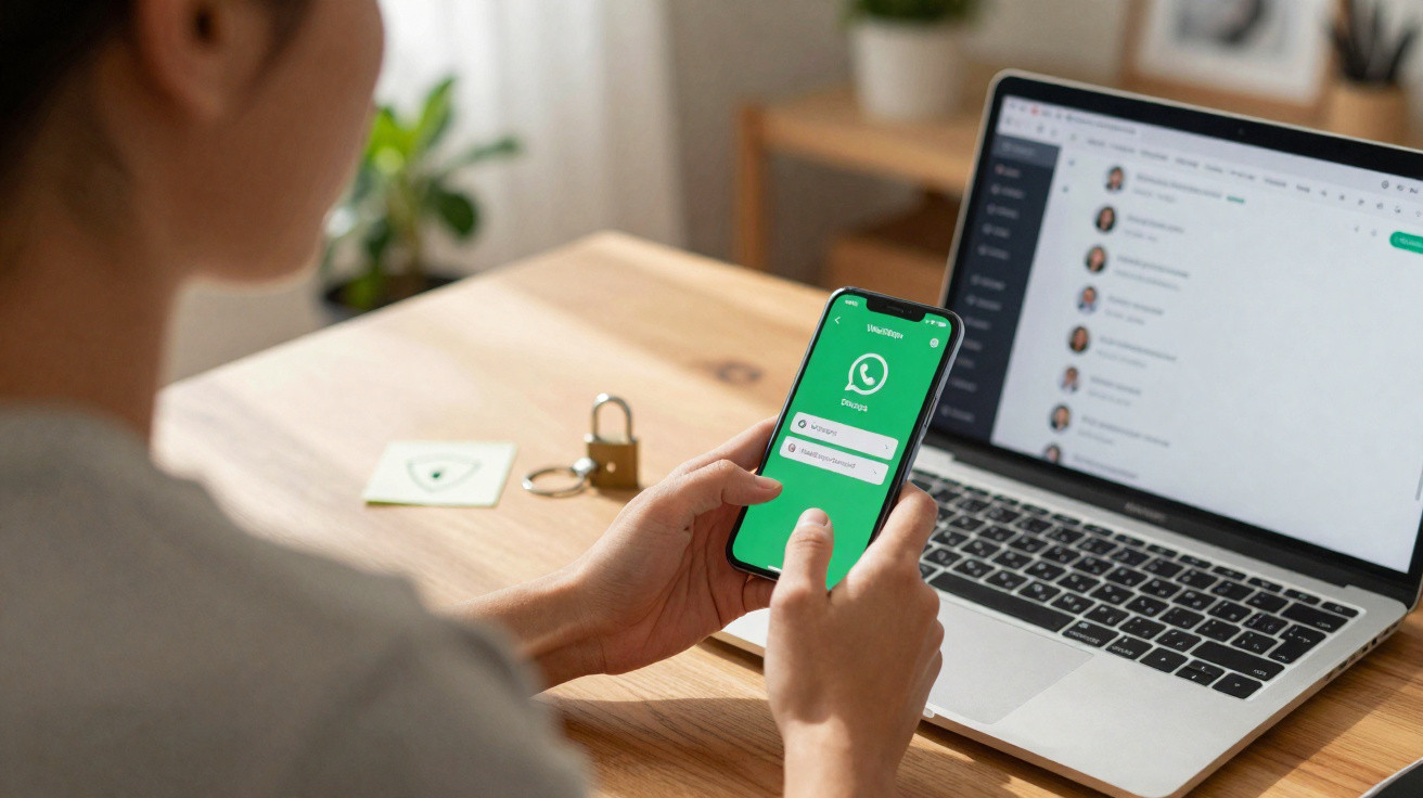 Person holding smartphone displaying WhatsApp login screen with a laptop showing messaging app on wooden desk.