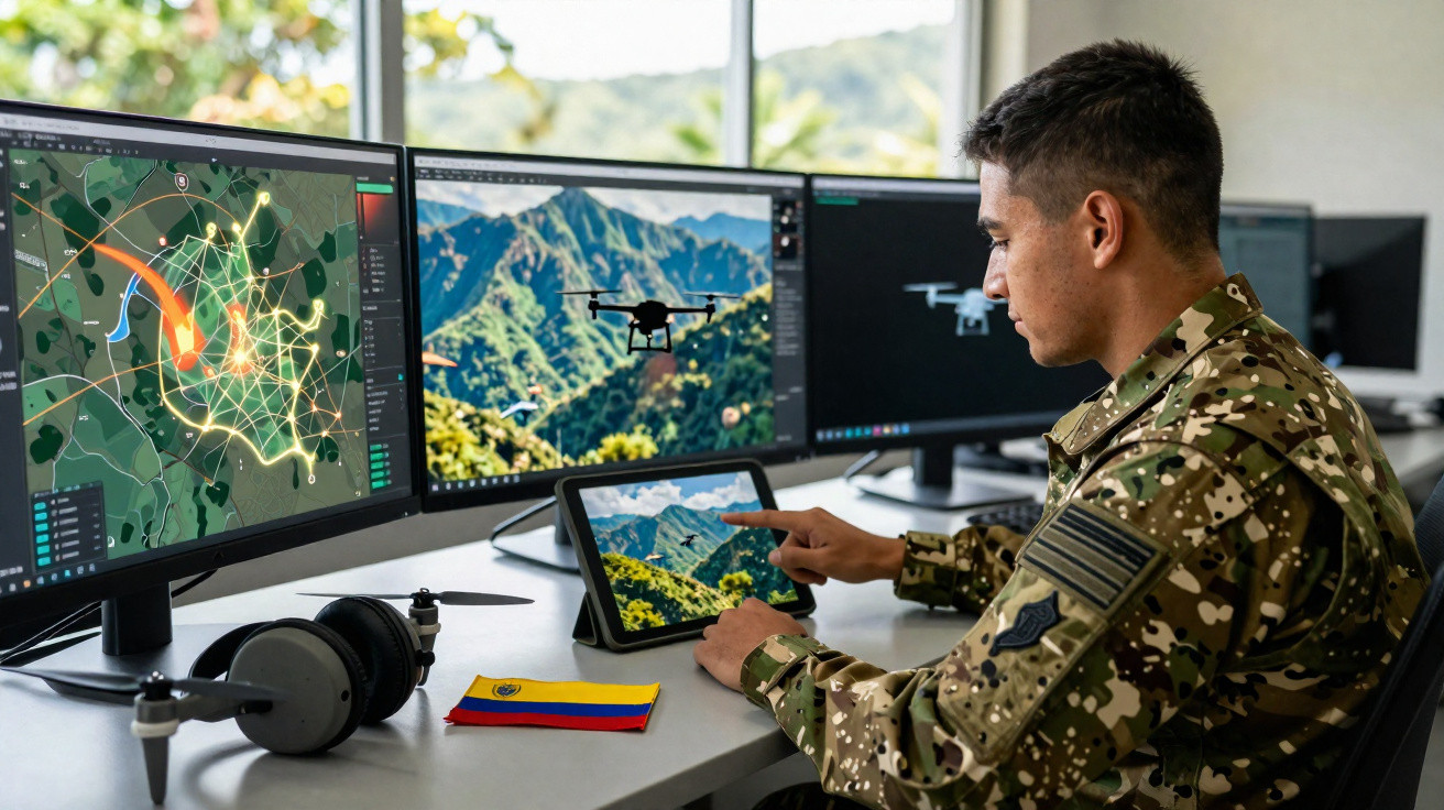 Military personnel in camouflage operating drone controls with screens showing maps and drone footage.