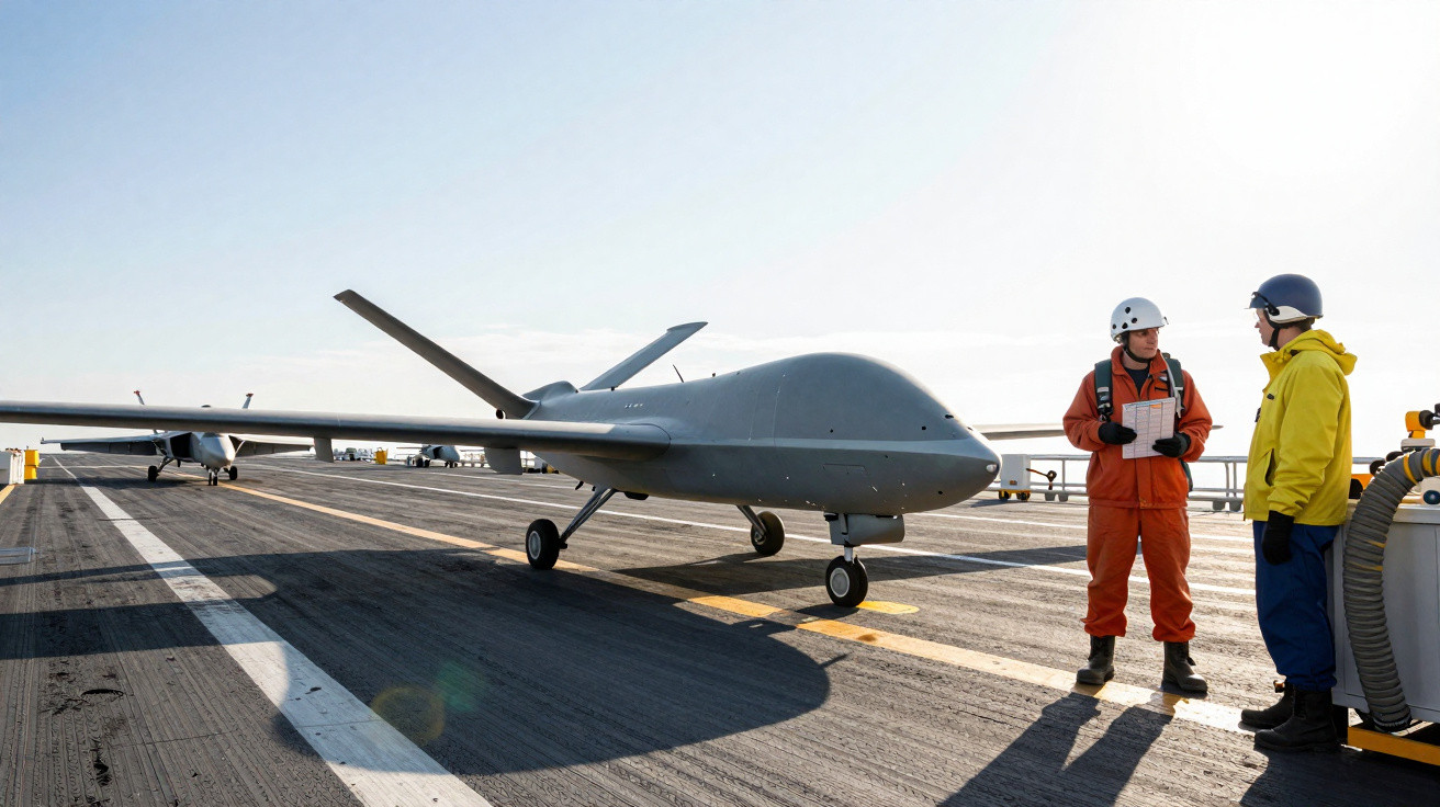 Unmanned military drone on aircraft carrier deck with two crew members in helmets and flight suits talking nearby.