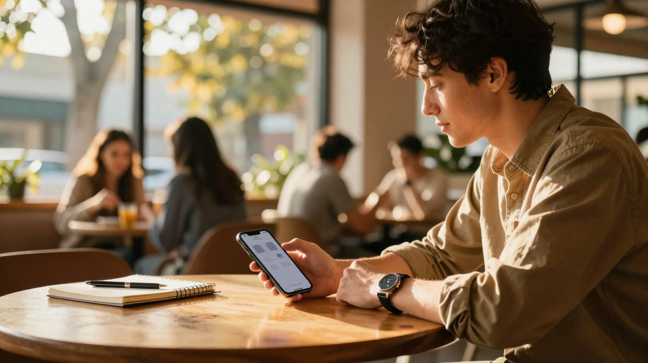 Young man using smartphone at wooden table in sunlit café with notebook and pen nearby