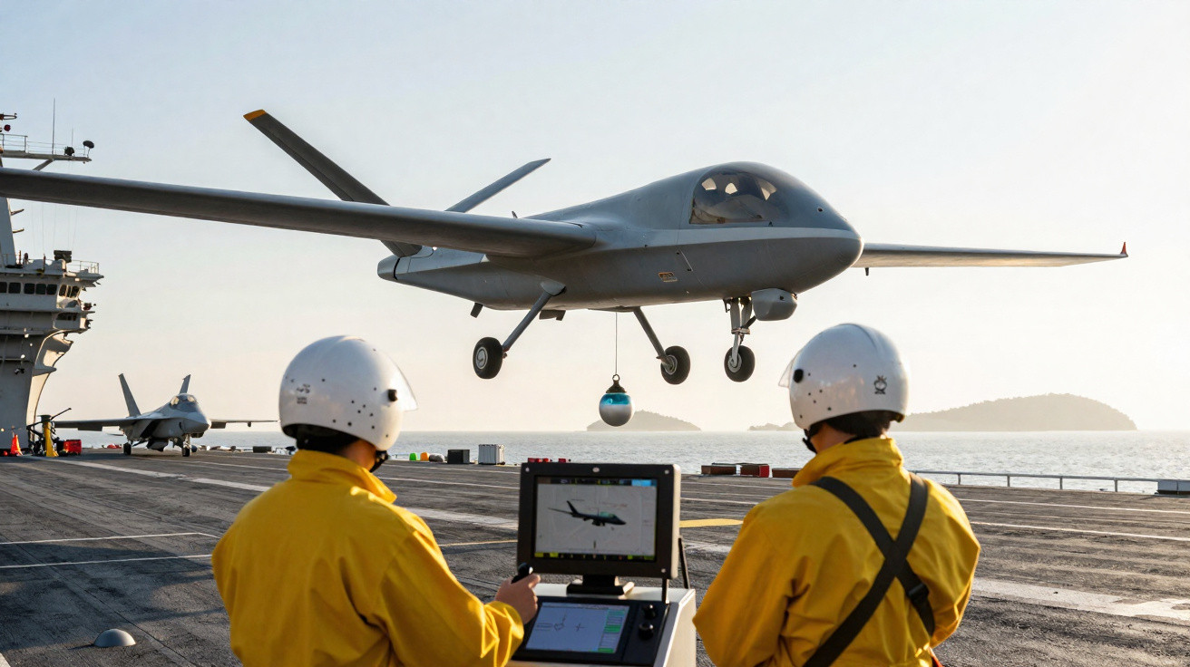 Two crew members in yellow gear operating a drone aircraft landing on a navy aircraft carrier at sea.