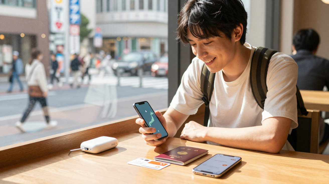 Young man with backpack smiling at smartphone while sitting at a table with passport and electronic devices in café window.