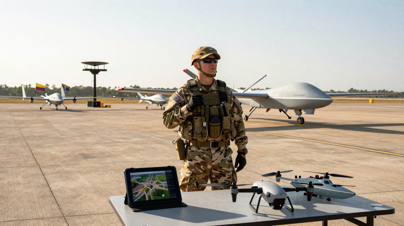 Soldier in camouflage standing by table with drones and tablet on airfield with unmanned aircraft in background.