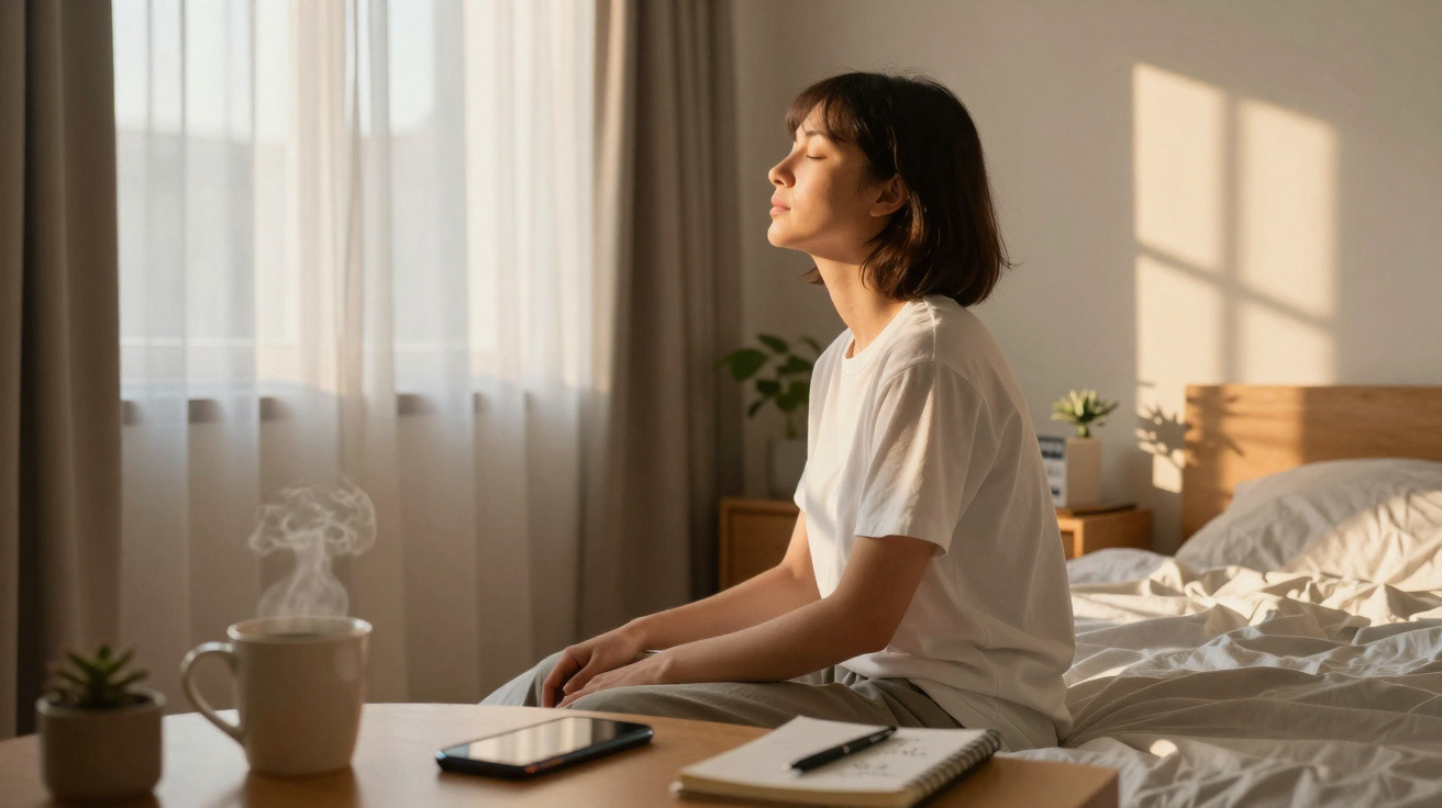 Woman sitting on bed with eyes closed, enjoying morning sunlight in a softly lit bedroom.