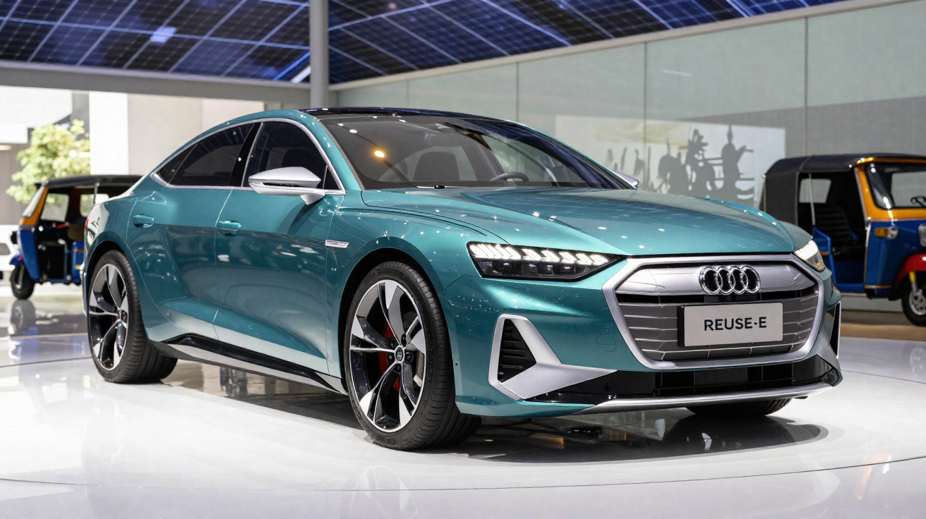 Teal Audi electric sedan displayed indoors with solar panels visible on the ceiling above.