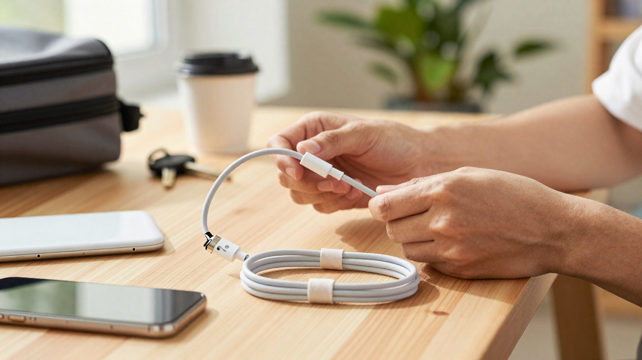 Person holding a white charging cable above a wooden table with two smartphones, keys, and a coffee cup.
