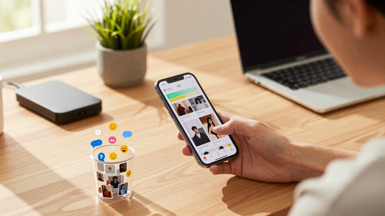 Person holding smartphone showing social media profiles with icons floating above a container on wooden desk.
