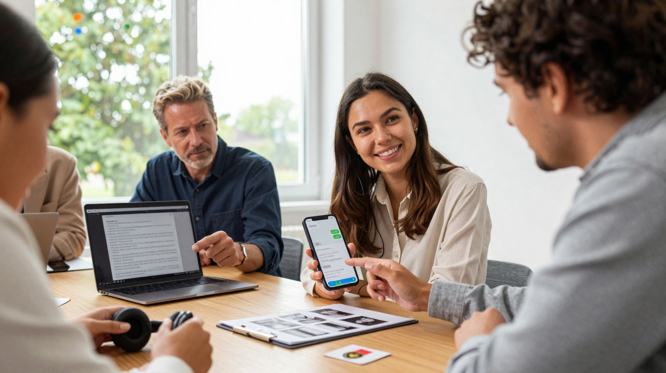 A group of four colleagues in a meeting, one woman shows a smartphone screen to others at a table with laptops.