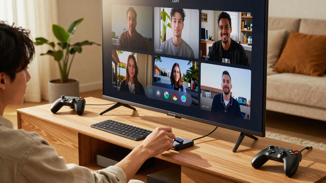 Person using a TV for a video conference call with six participants visible on the screen, controllers on the table nearby.