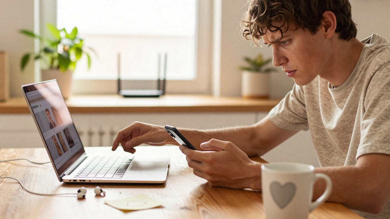 Young man using smartphone and laptop at wooden table with coffee mug and wireless earbuds nearby