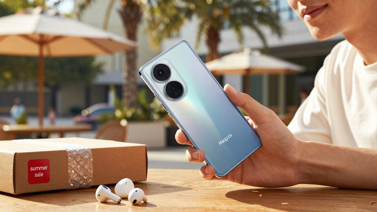 Person holding a silver Honor smartphone outdoors with wireless earphones and a parcel on a wooden table.