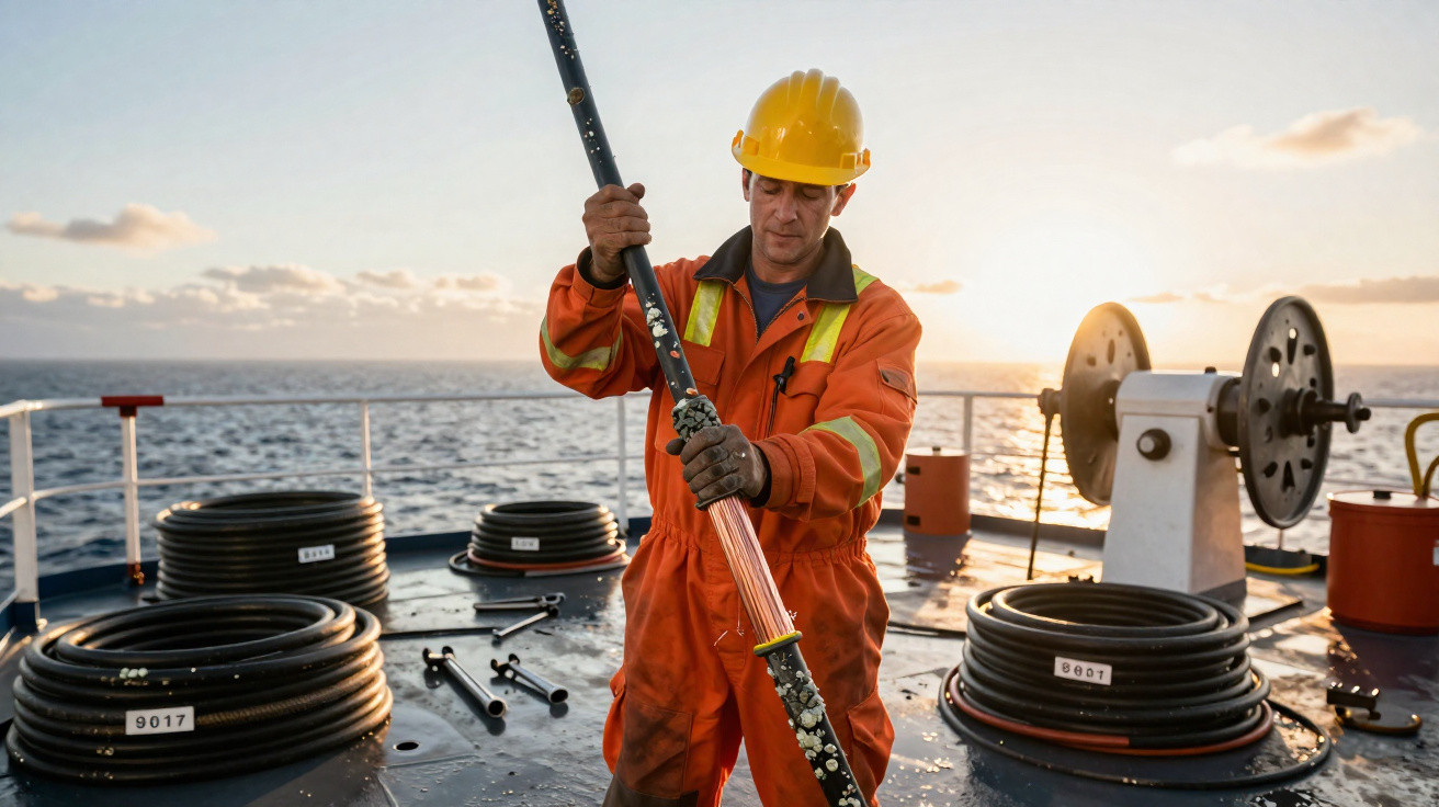Engineer in orange protective gear and helmet handling cable on a ship deck with ocean and sunset background.