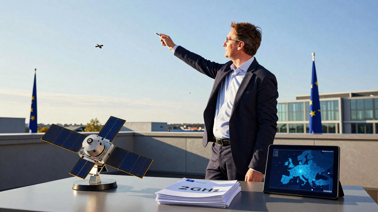 Man in suit launching small drone on rooftop with EU flags, satellite model, documents, and tablet showing map of Europe.