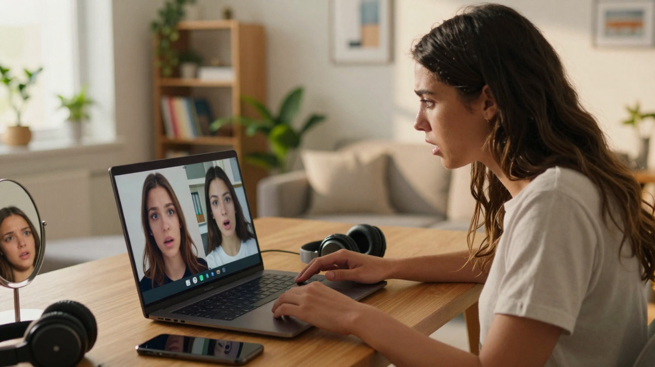 Young woman using laptop for video call in a bright room, showing surprised expressions on screen and mirror.