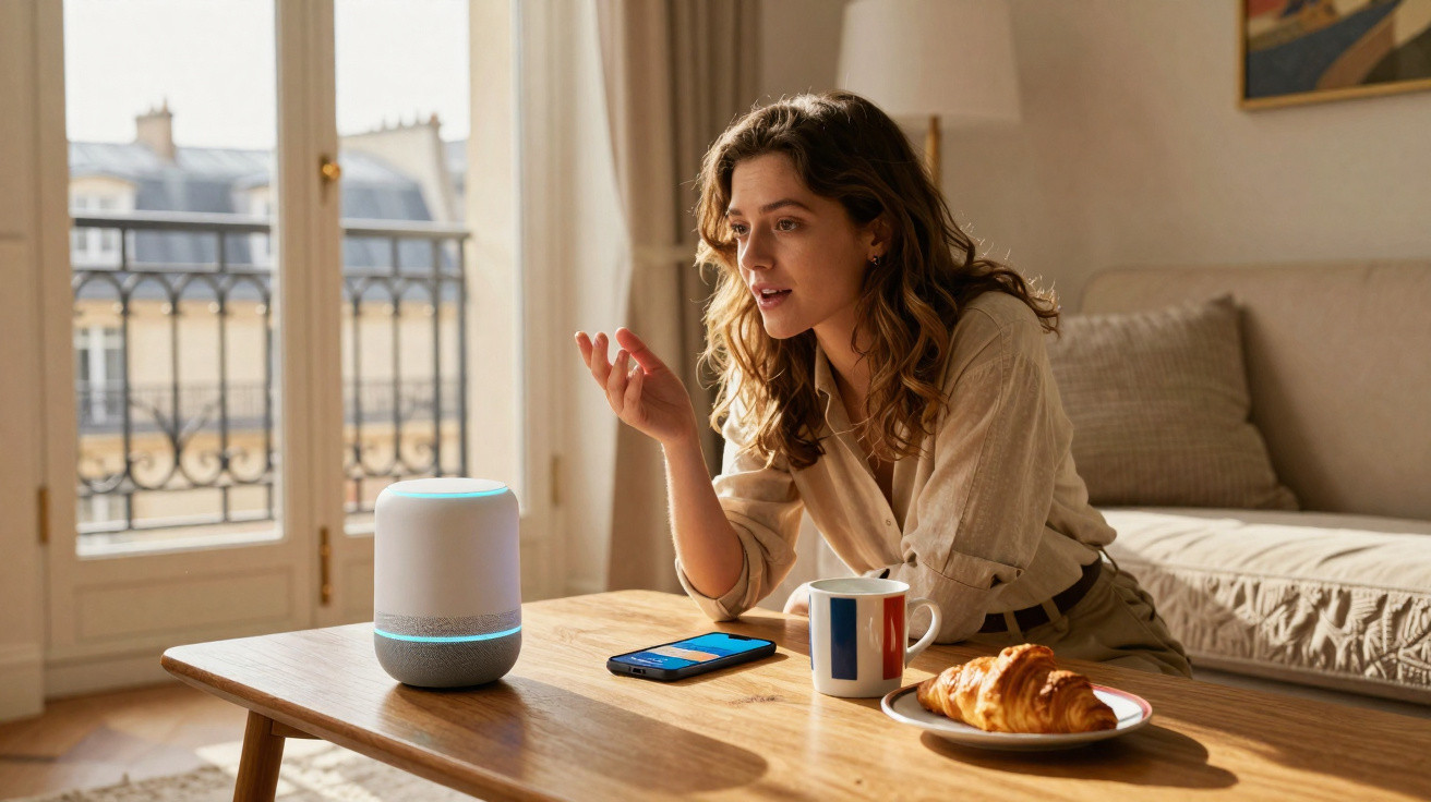 Woman sitting at a table using a smart speaker with a croissant and coffee mug nearby in a bright living room.