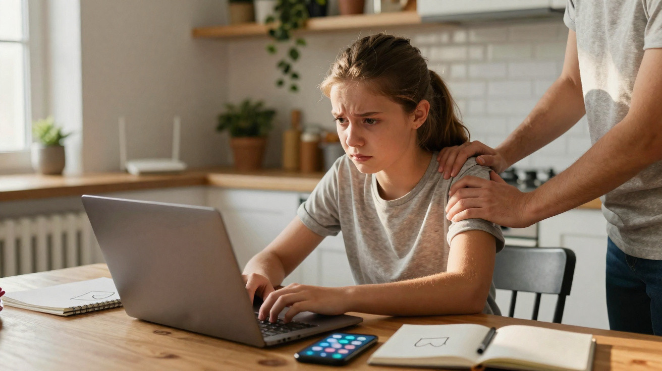 Teenage girl looking stressed using laptop while adult hand comforts her on shoulder in kitchen at home