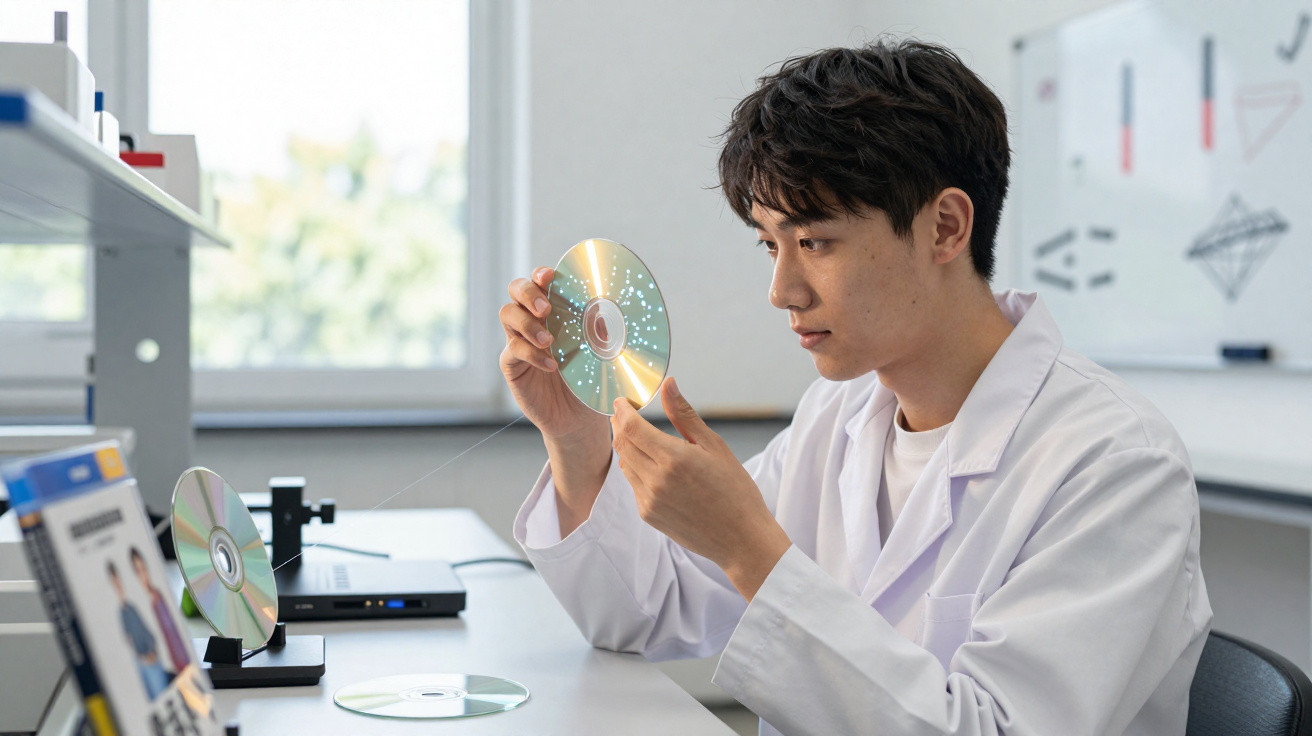 Scientist in a white lab coat examining a CD disc in a bright laboratory setting.