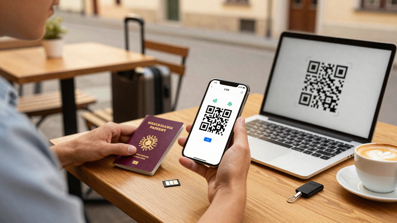 Person holding a passport and smartphone displaying a QR code, with a laptop and coffee on a café table.