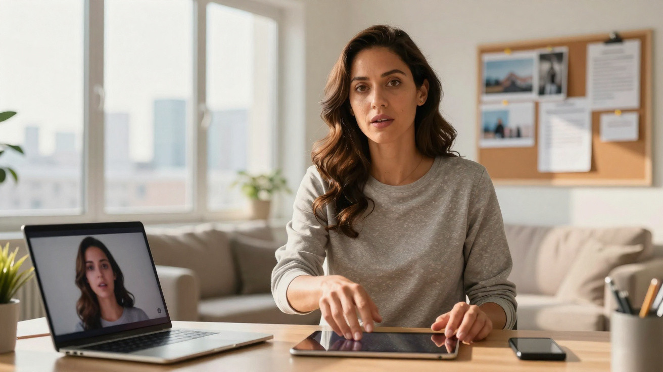 Woman with long brown hair using a tablet during a video call in a bright, modern living room.