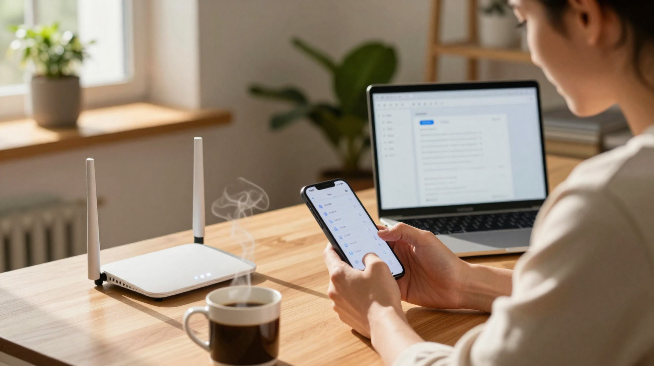 Person using smartphone with open laptop and steaming coffee cup on wooden desk near Wi-Fi router.