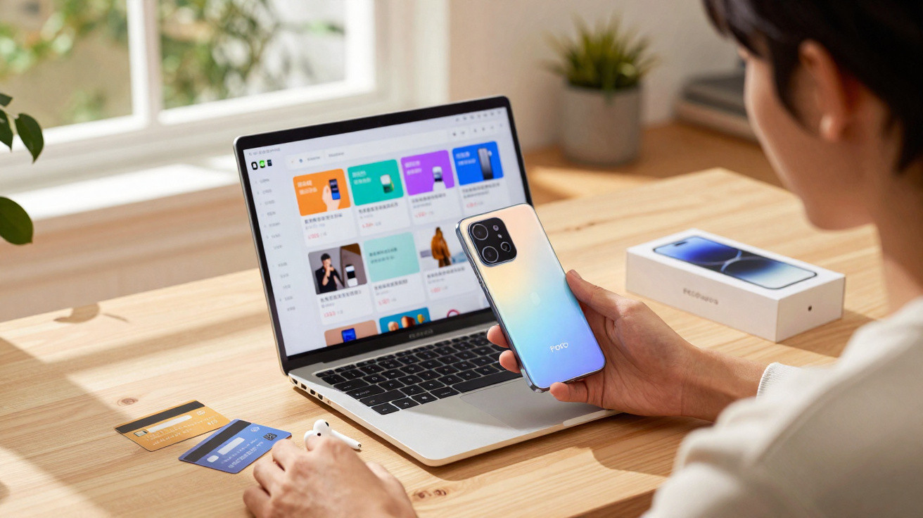 Person holding a smartphone in front of a laptop on a wooden table with credit cards and phone box nearby.