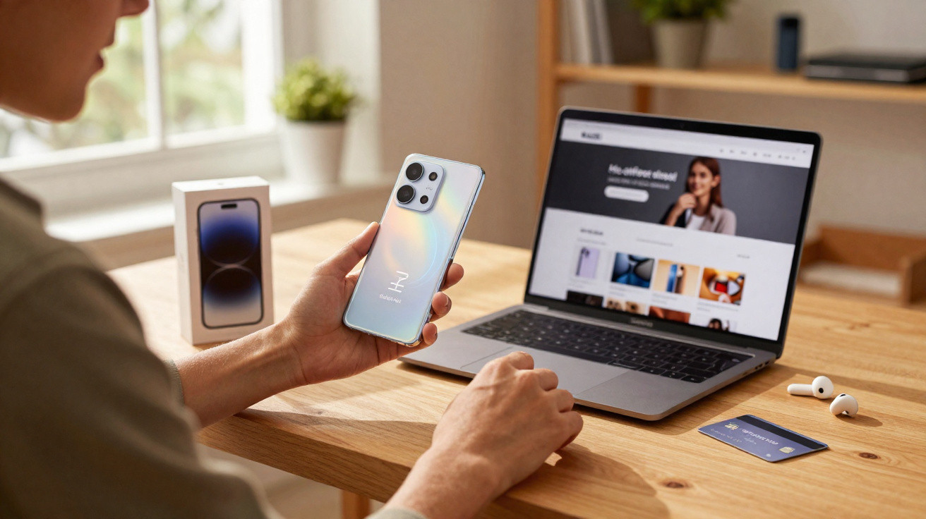 Person holding a smartphone with a laptop, wireless earbuds, and a credit card on a wooden desk.