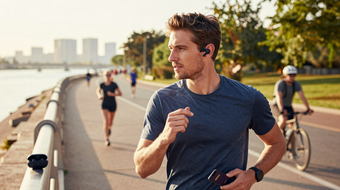 Man jogging on waterfront path wearing wireless earbuds, holding smartphone with other people running and cycling nearby.