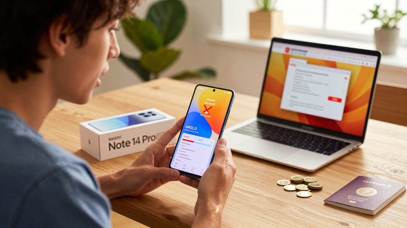 Person holding a smartphone showing AMOLED test screen next to a Xiaomi Note 14 Pro box and an open laptop on a desk.