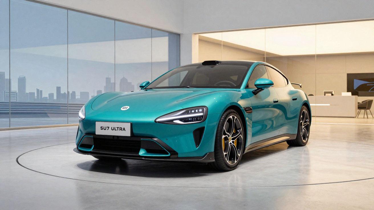 Teal green sports car with sleek design displayed in modern showroom with cityscape backdrop.