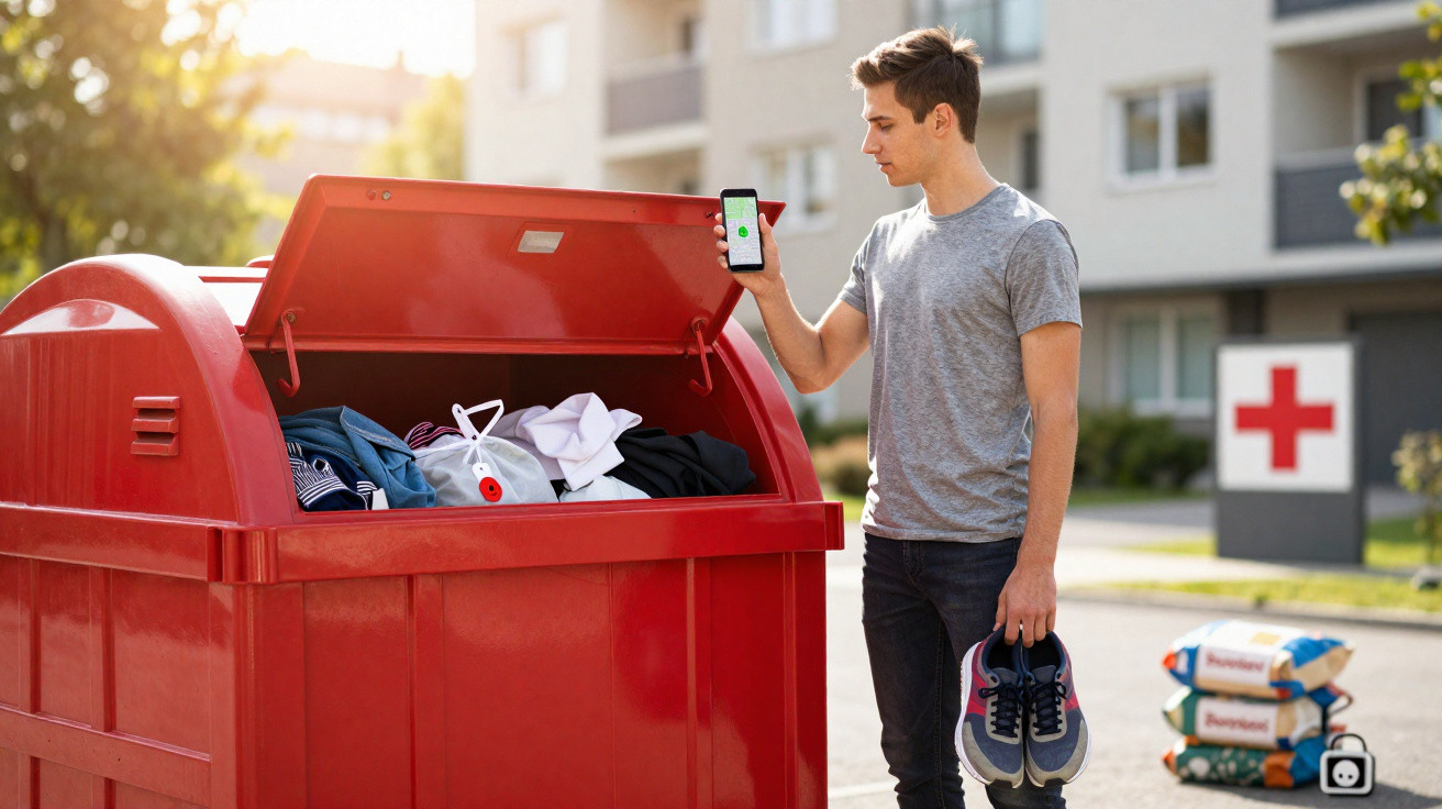 Young man donating clothes at a red donation bin outside a medical facility or charity centre