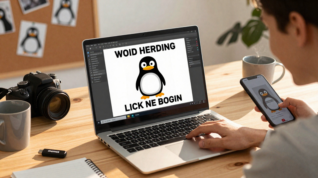 Person at desk viewing a penguin meme with the text "WOID HERDING LICK NE BOGIN" on a laptop and phone.