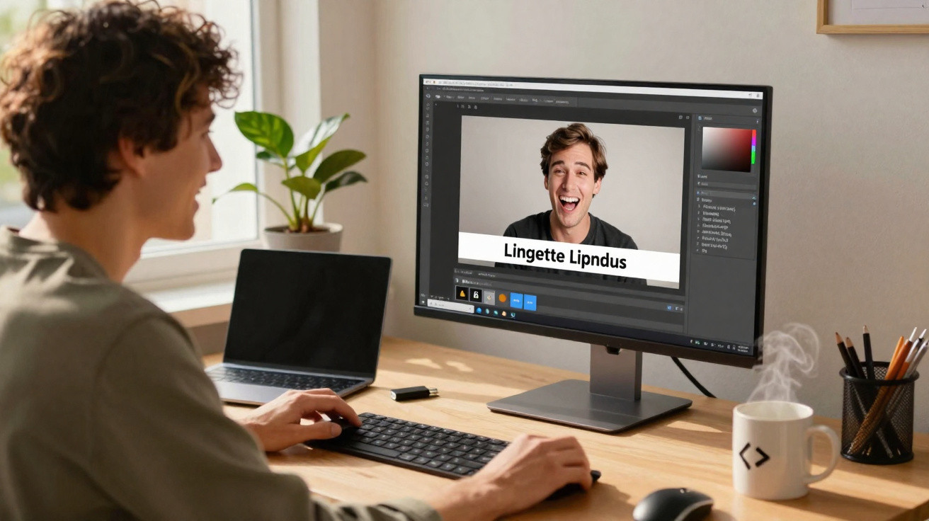 Person using a desktop computer editing a photo of a smiling man with text on screen at a wooden desk.