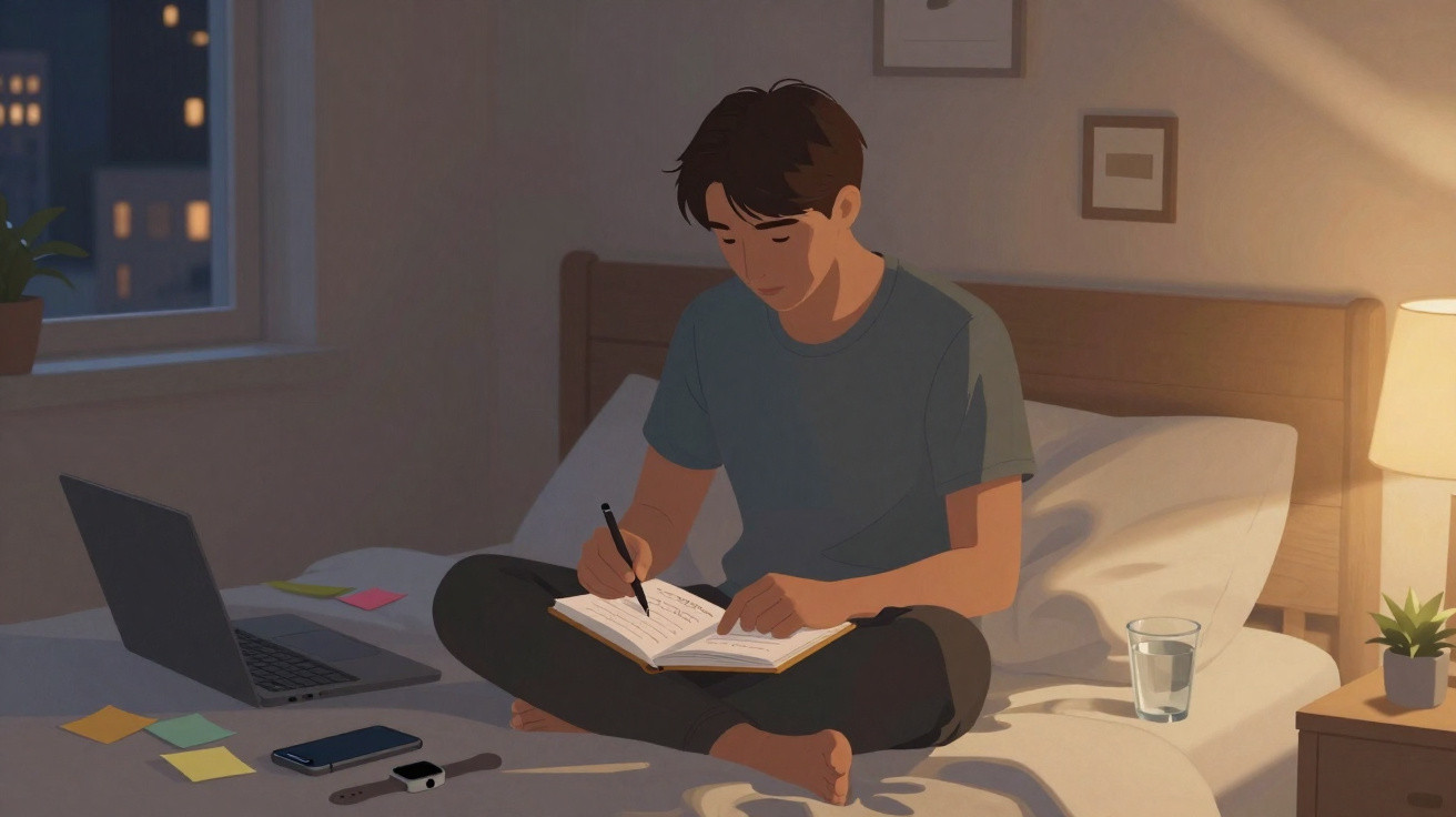 Young man writing in a notebook on his bed at night, with a laptop, phone, and lamp nearby.