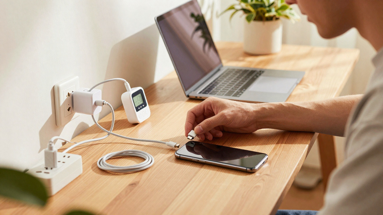 Person plugging a charging cable into a smartphone on a wooden desk with a laptop and plant nearby.